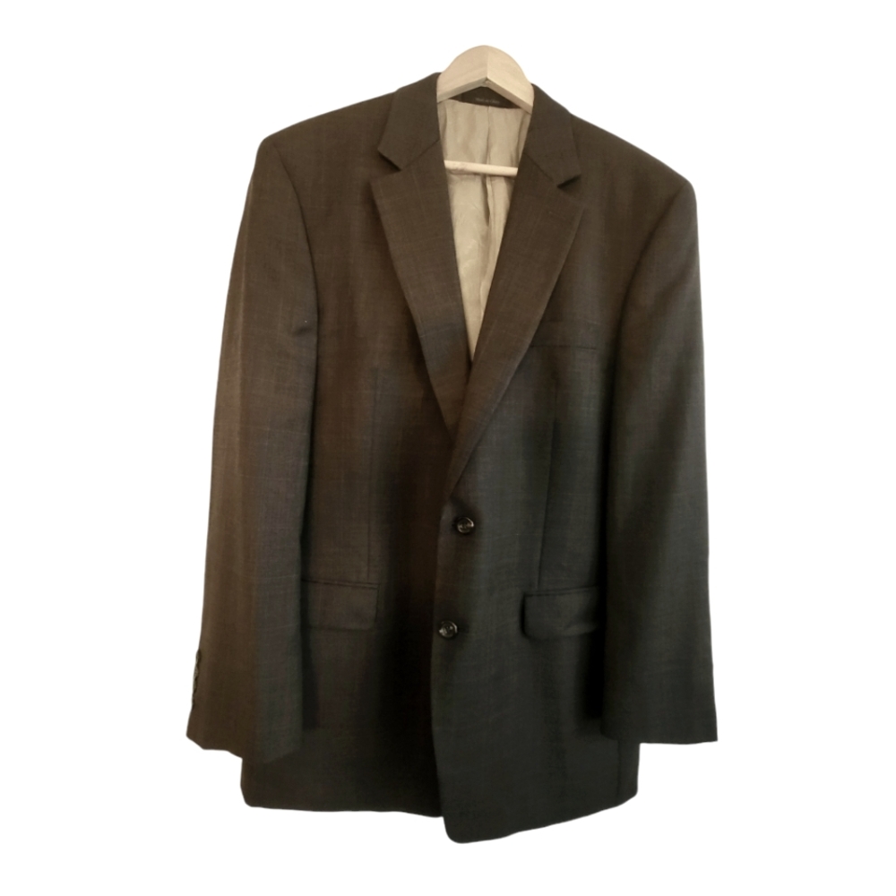 Lauren Ralph Lauren Mens 42L Wool  Suit Jacket Dark Brown Windowpane Blue Stripe